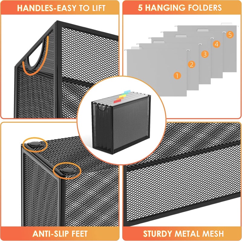 Sinboun Hanging File Organizer Letter-Size File Holder Filing Box Includes 5 Hanging Folders - Metal Mesh Magazine Letter Storage Cabinets File Cart for Office Home School, No Assembly Required - Image 4